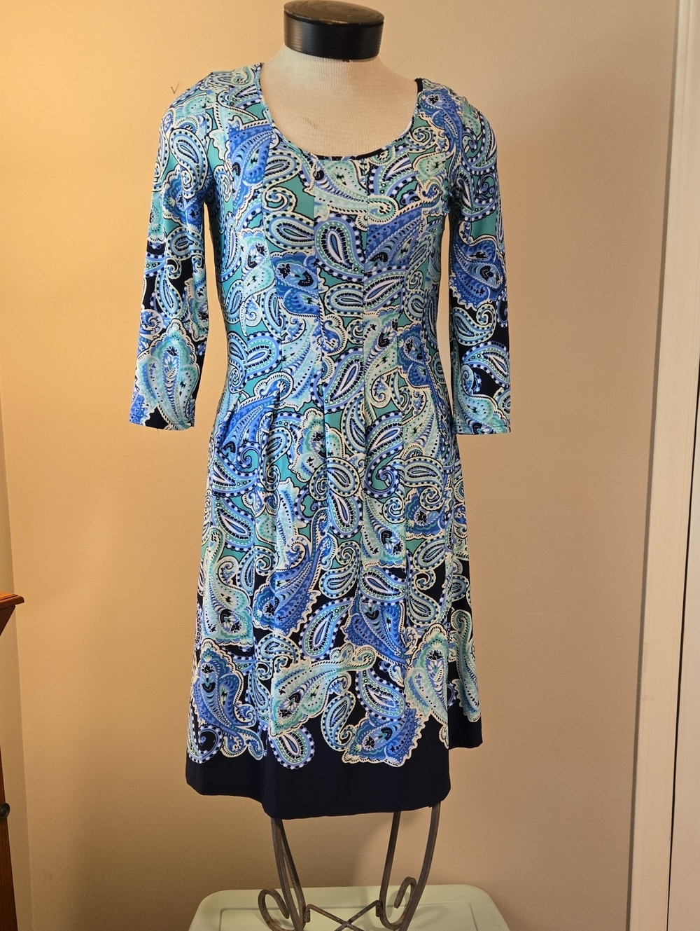 Women's Blue Paisley Fit-and-Flare Dress - Elegant Scoop Neck